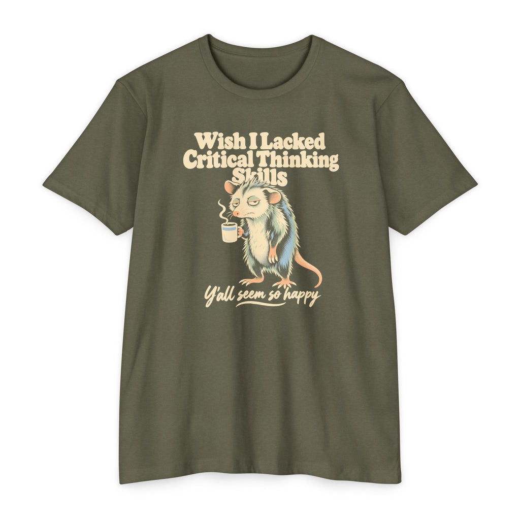 Olive green t-shirt with cartoon opossum holding a coffee cup graphic and slogan