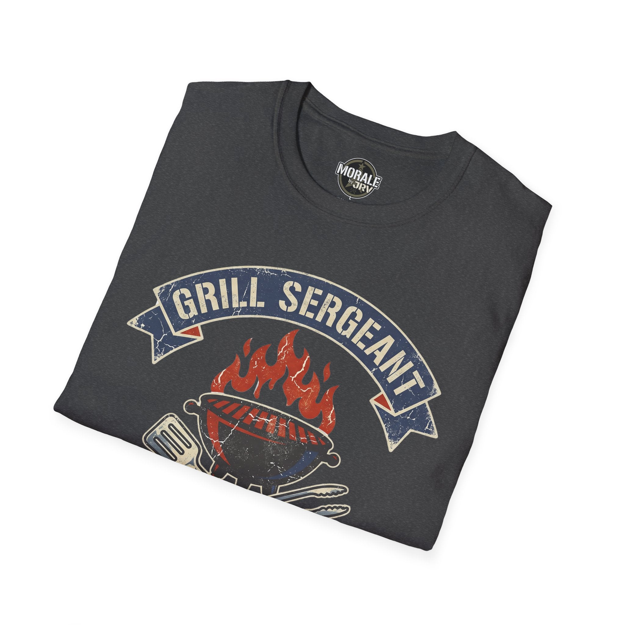Dark gray heather Grill Sergeant graphic T-shirt with flaming grill emblem