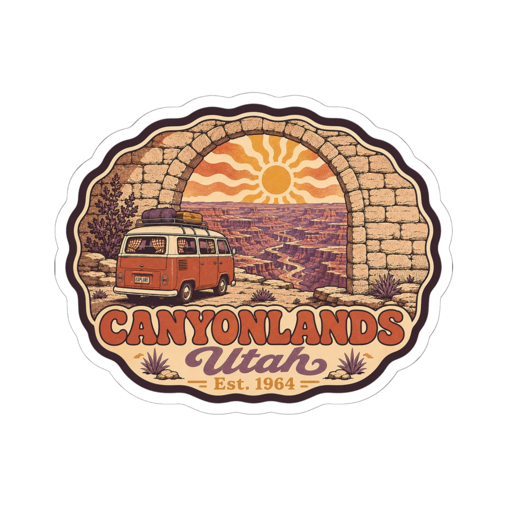 Canyonlands Utah kiss-cut sticker featuring red camper van under stone arch