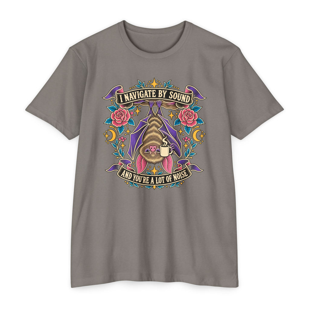 Gray crew-neck T-shirt with colorful bat and floral graphic at center chest