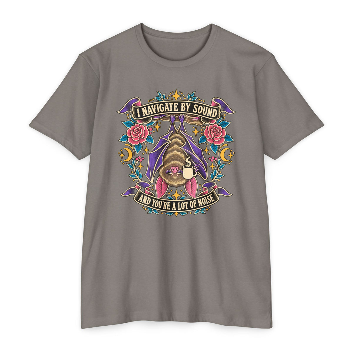 Gray crew-neck T-shirt with colorful bat and floral graphic at center chest