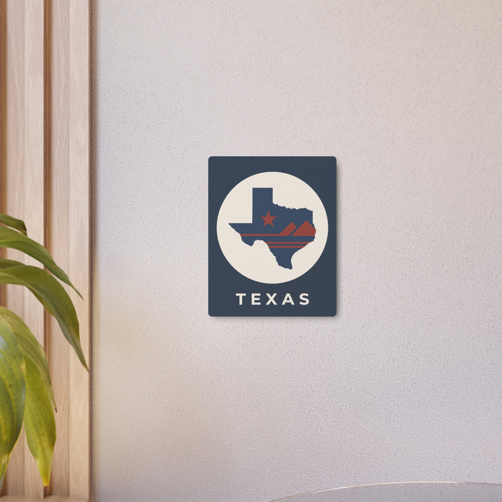 Small Texas wall metal art sign on a blue square with circular Texas map and TEXAS word