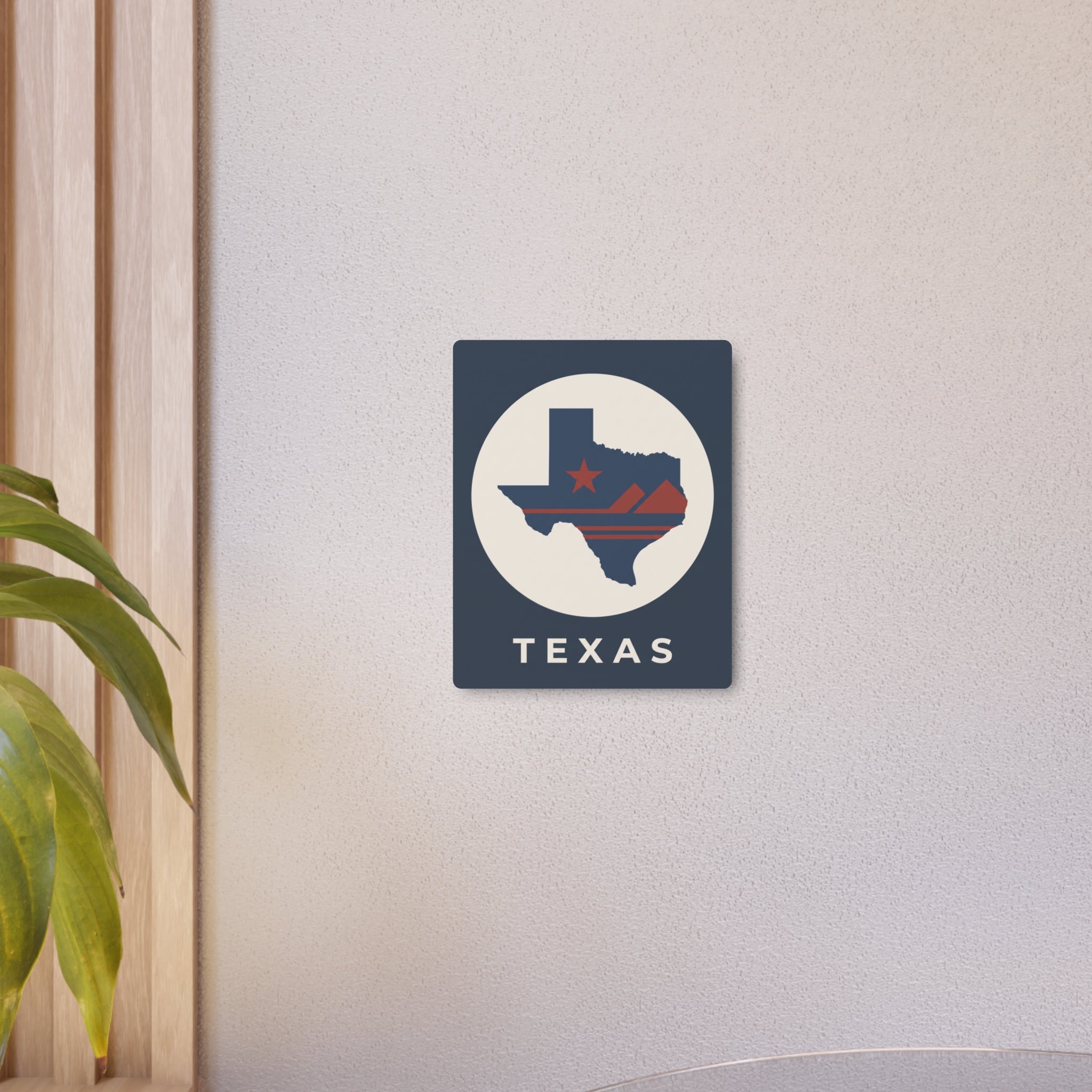 Small Texas wall metal art sign on a blue square with circular Texas map and TEXAS word