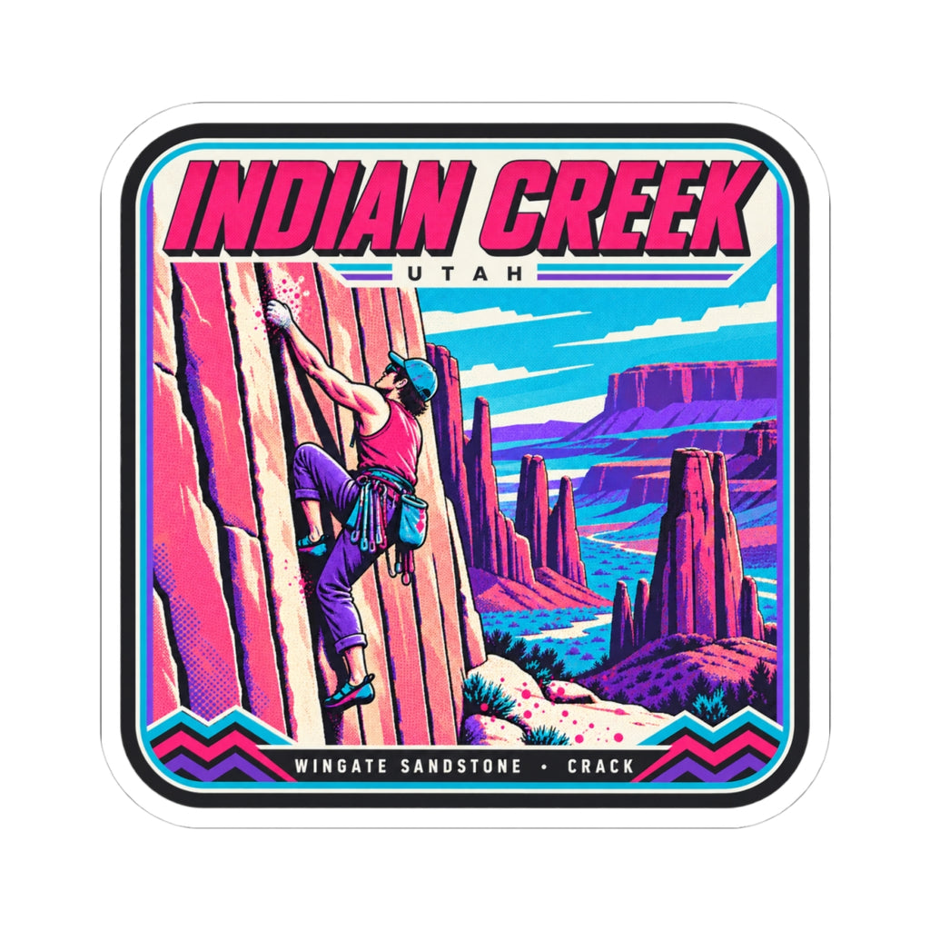 Square “INDIAN CREEK” sticker featuring a rock-climber illustration and desert canyon artwork