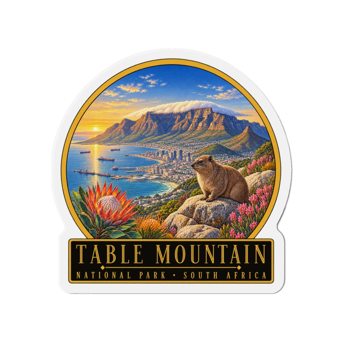 Circular fridge magnet featuring Table Mountain cliffs, coastal bay, and rock hyrax on rocks.