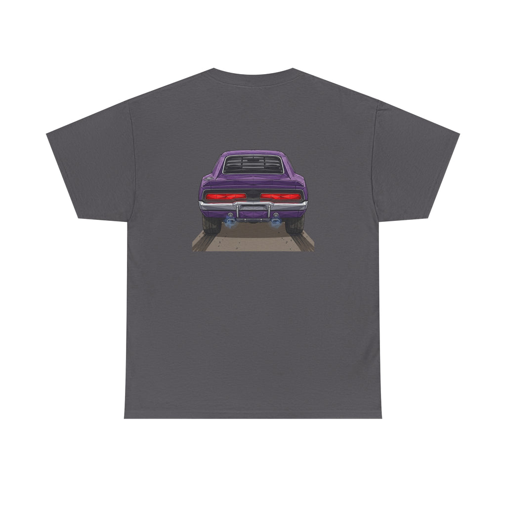 Charcoal short-sleeve T-shirt with purple retro car graphic centered on front