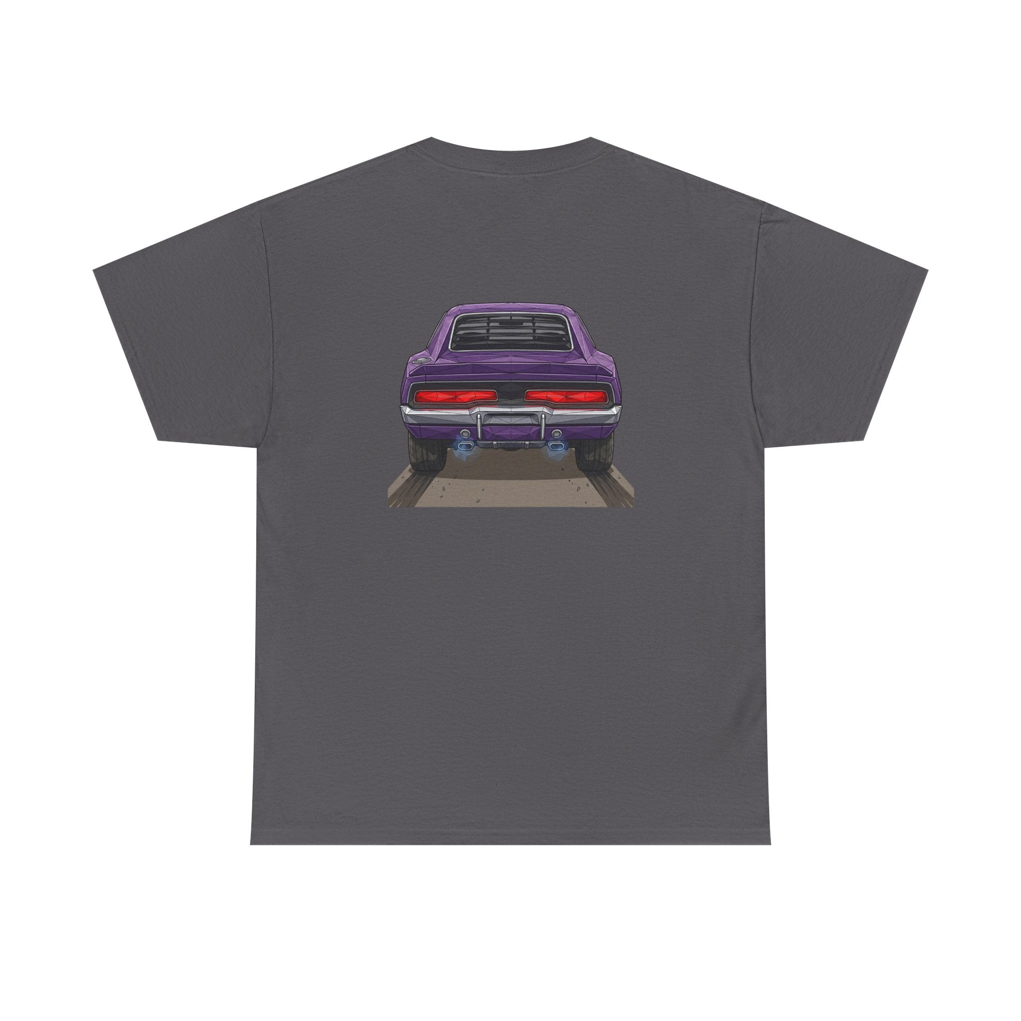 Charcoal short-sleeve T-shirt with purple retro car graphic centered on front
