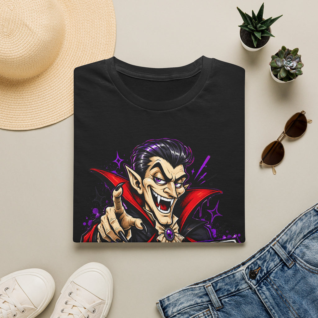Black T-shirt with colorful cartoon vampire pointing graphic