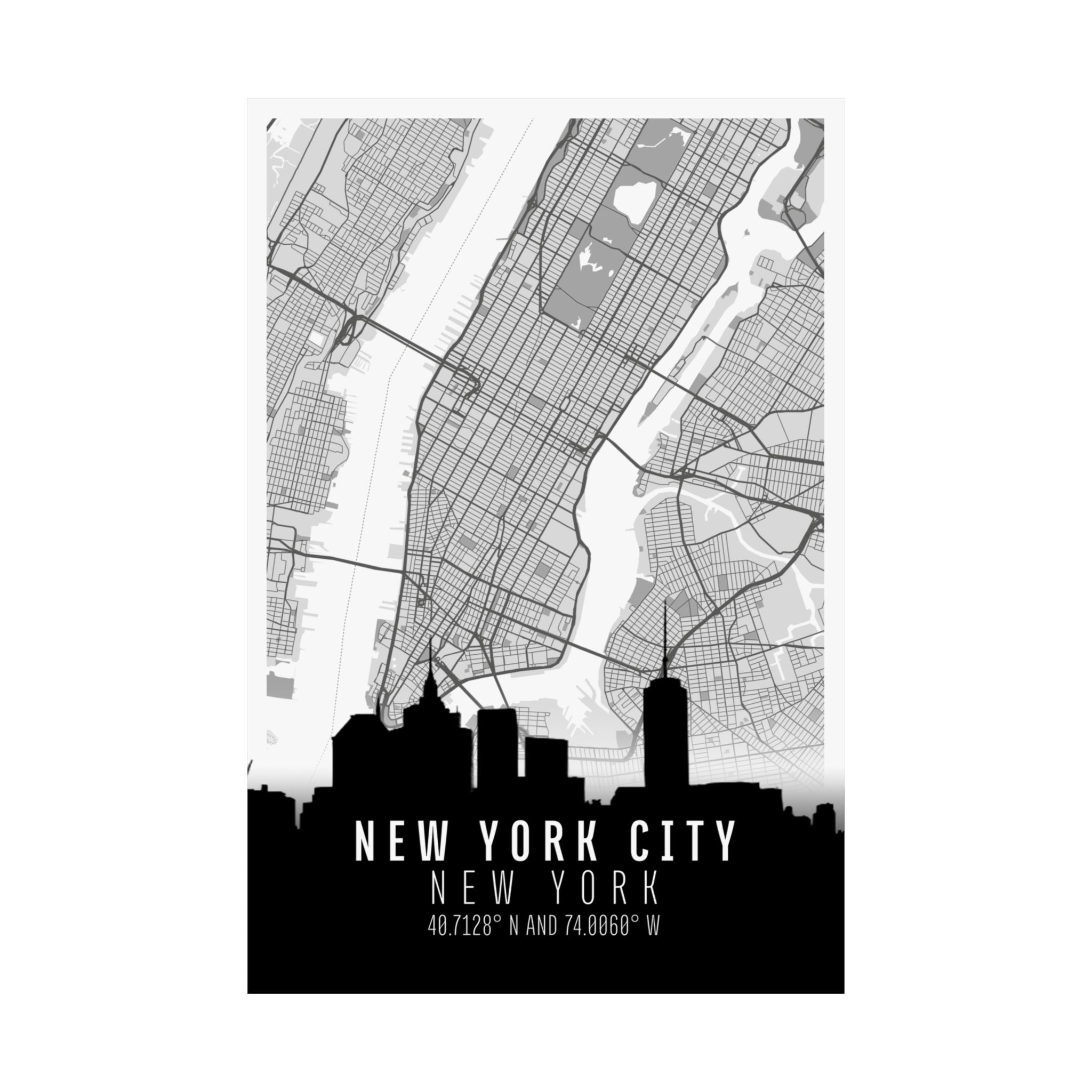 NYC map wall art with grid lines, “NEW YORK” text, and coordinates