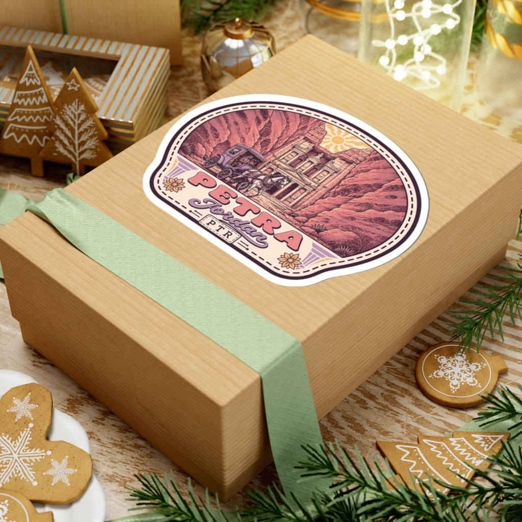 Round die-cut Petra Jordan sticker with red canyon, temple building scene, purple PETRA title