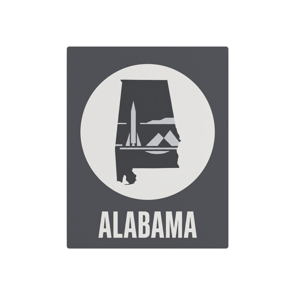 Alabama rocket skyline metal wall art, circular emblem and ALABAMA lettering