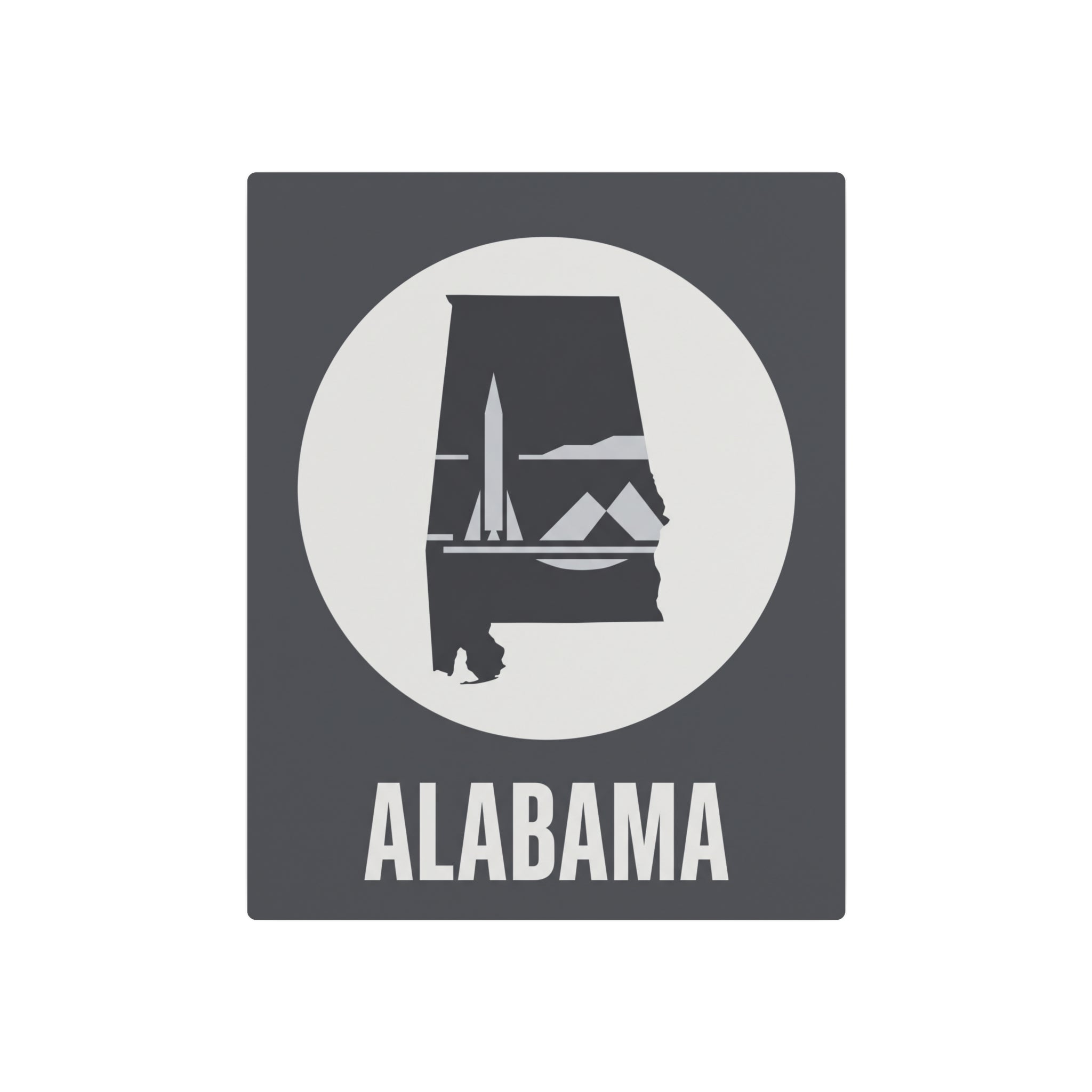 Alabama rocket skyline metal wall art, circular emblem and ALABAMA lettering