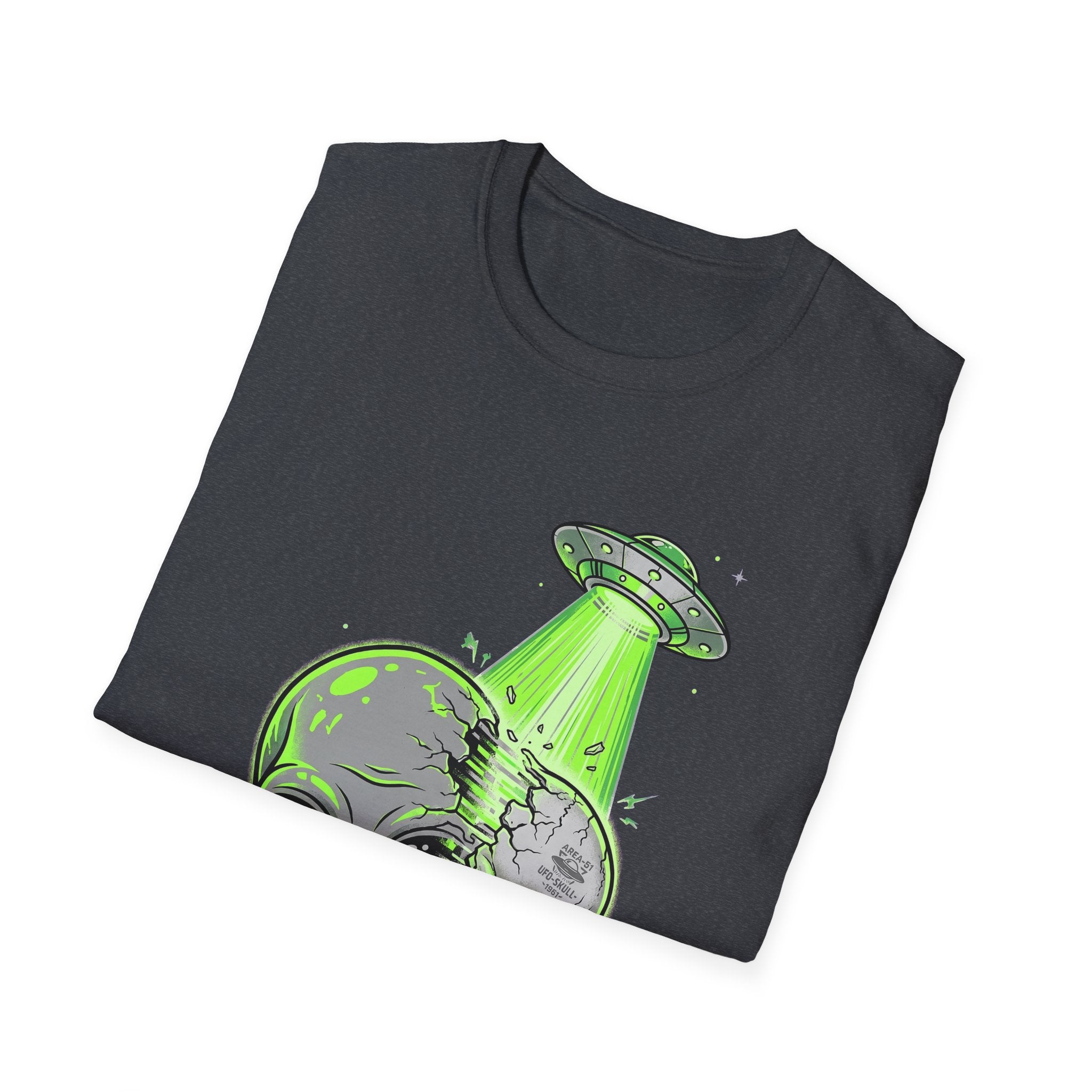 Dark grey T-shirt with green UFO tractor-beam graphic and alien skull