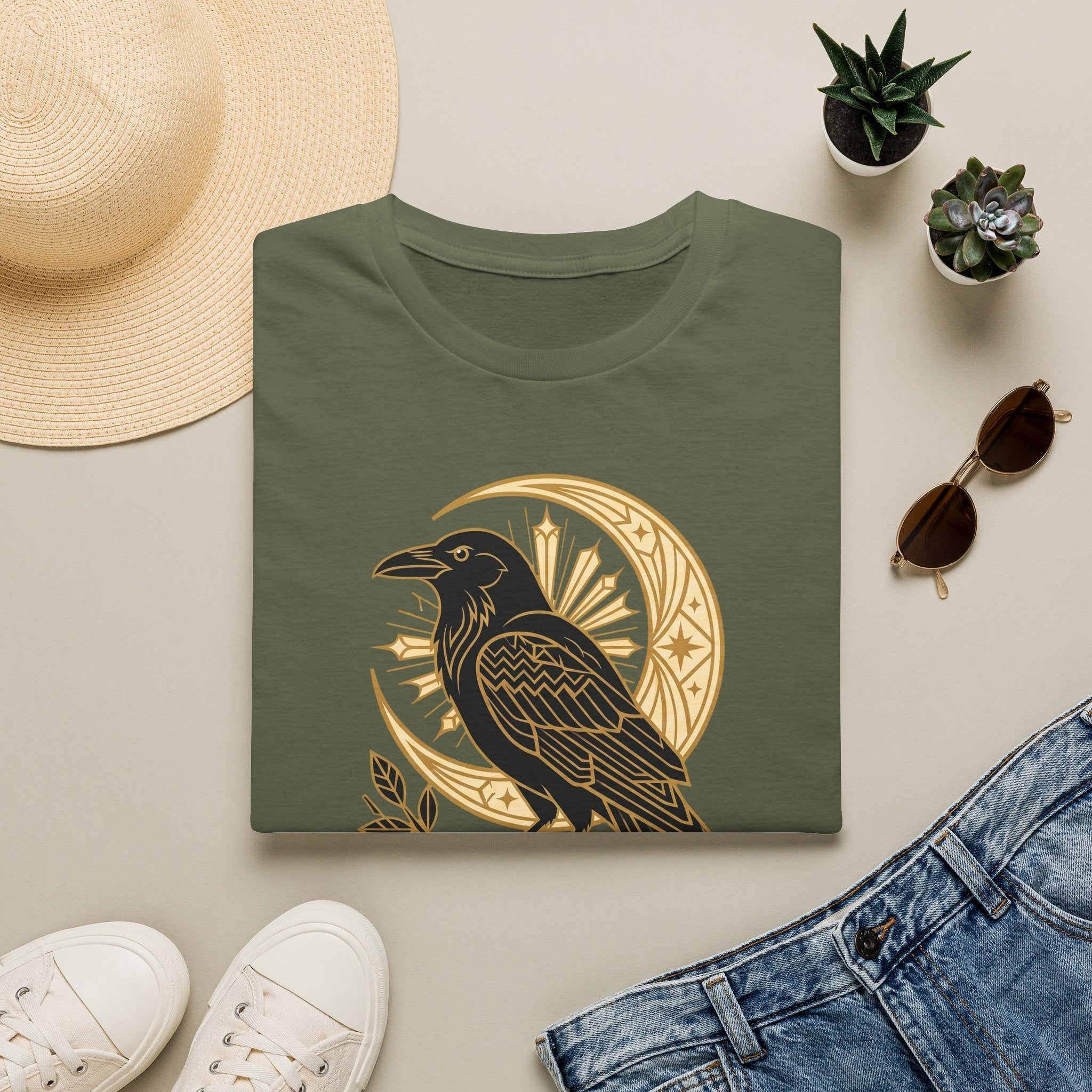 Olive crewneck T-shirt with gold raven and moon graphic on front