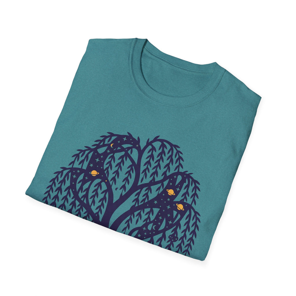 Night Owls T-shirt with purple owl-and-willow tree graphic on teal/blue-green