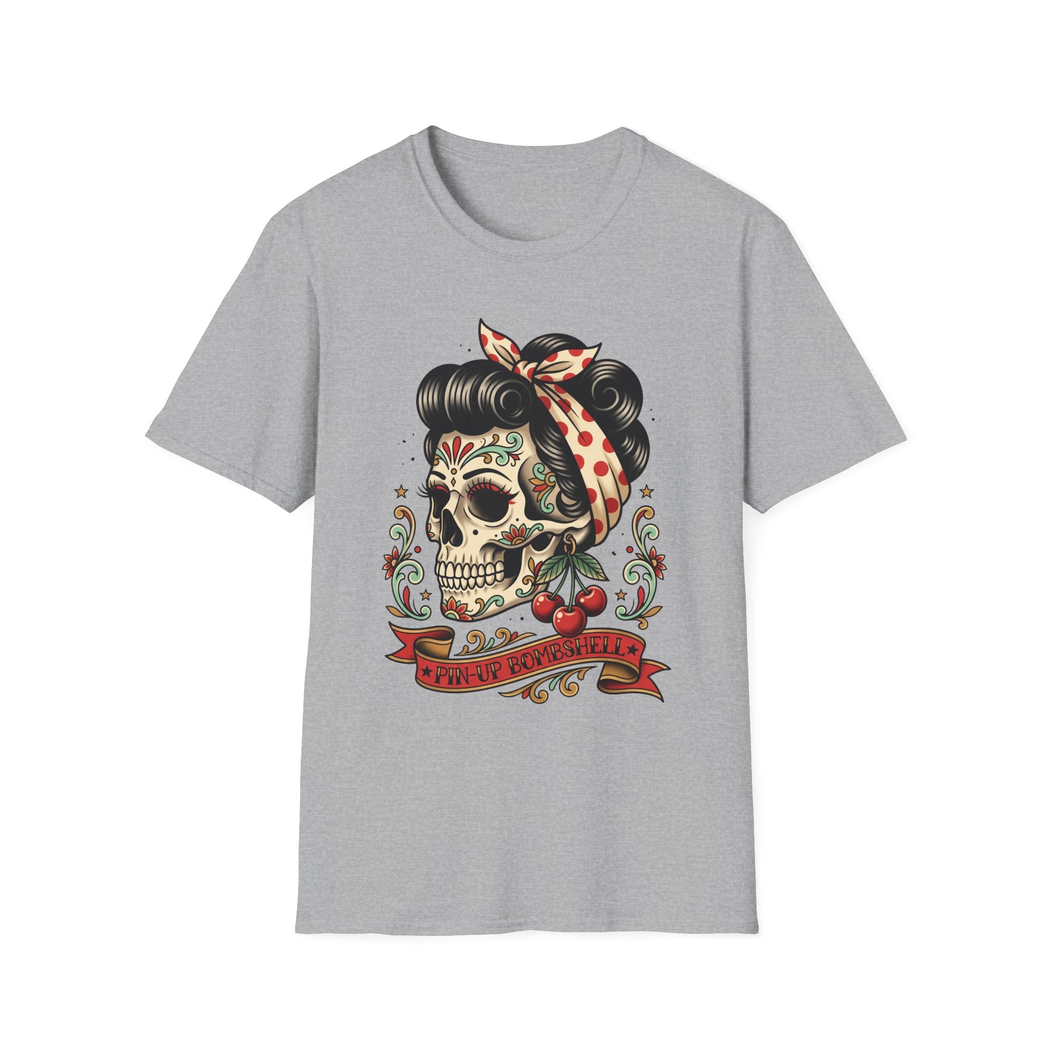 Sugar Skull Pinup T-Shirt in heather gray with colorful pinup skull artwork