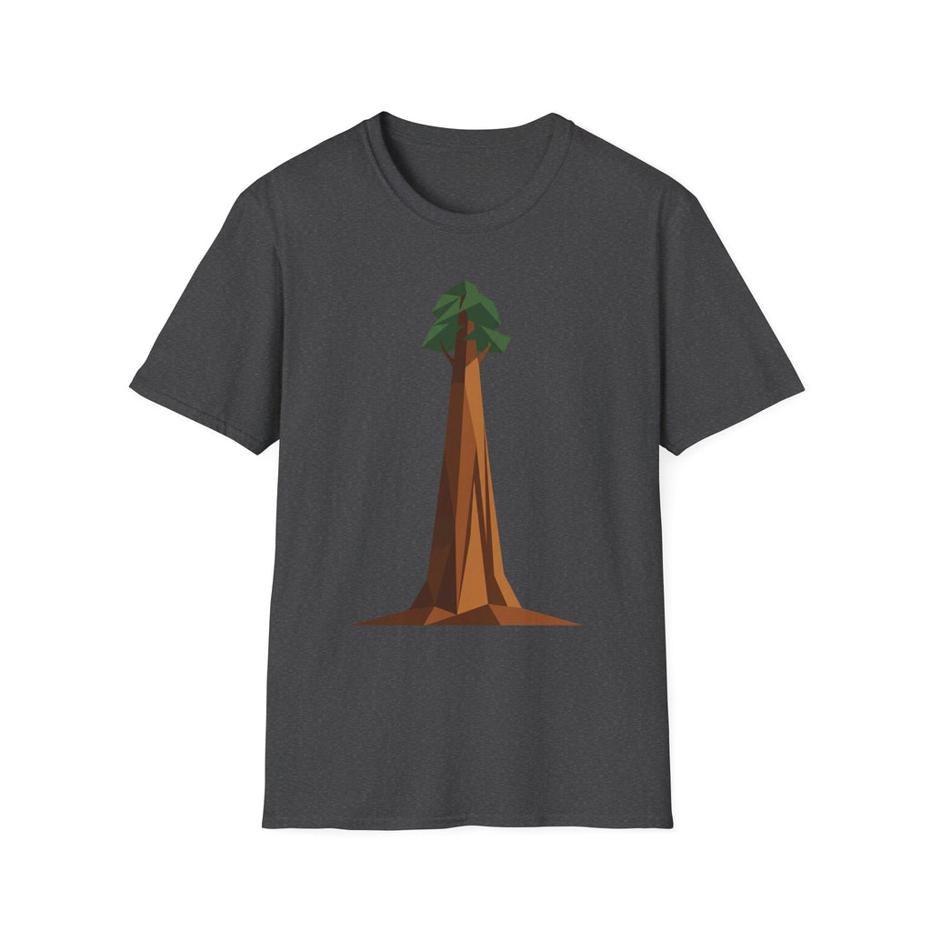 Geometric tree T-shirt, dark gray base with low-poly redwood graphic on front