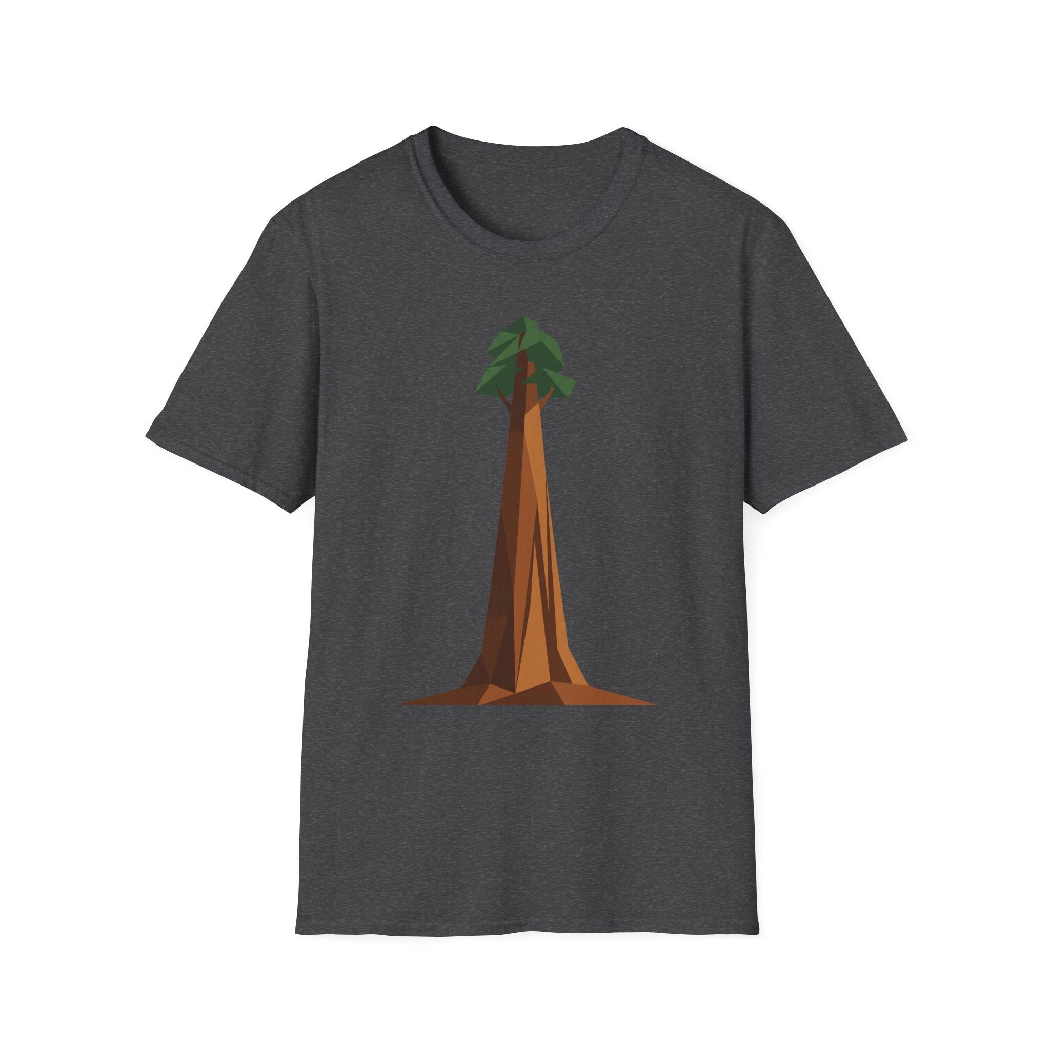 Geometric tree T-shirt, dark gray base with low-poly redwood graphic on front