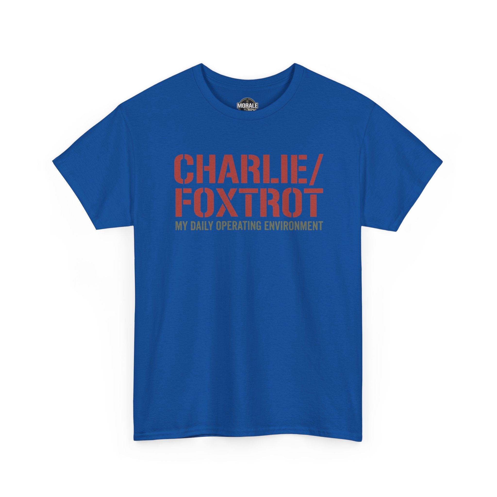 Blue crew-neck T-shirt with 'CHARLIE/FOXTROT' slogan print