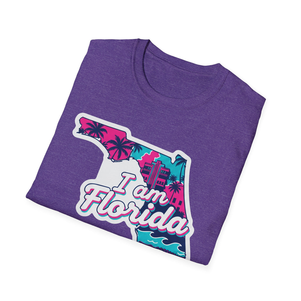 Heather purple T-shirt with retro Florida map graphic, palms, and blue waves