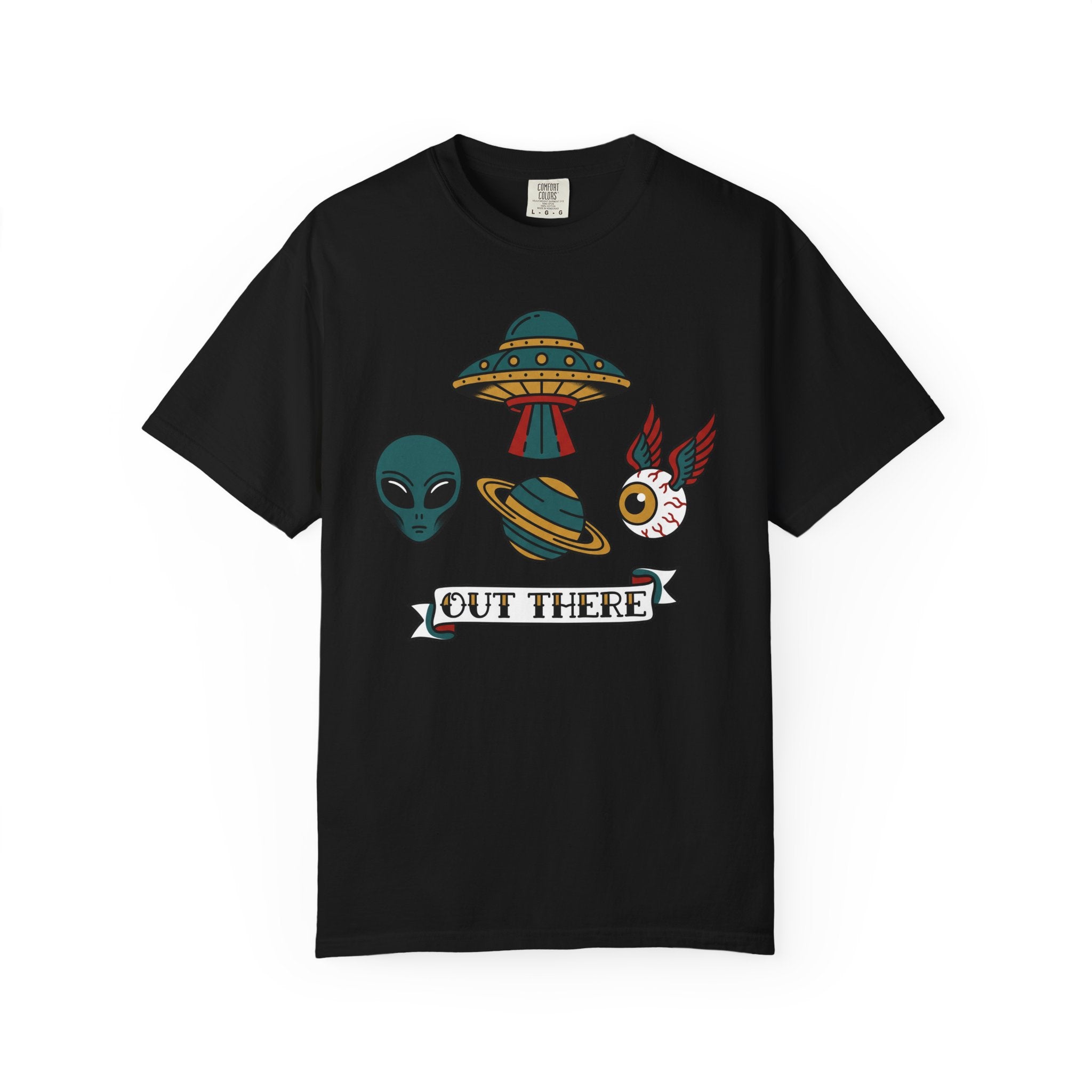 Black crewneck T-shirt with alien, UFO, and colorful “Out There” chest graphic