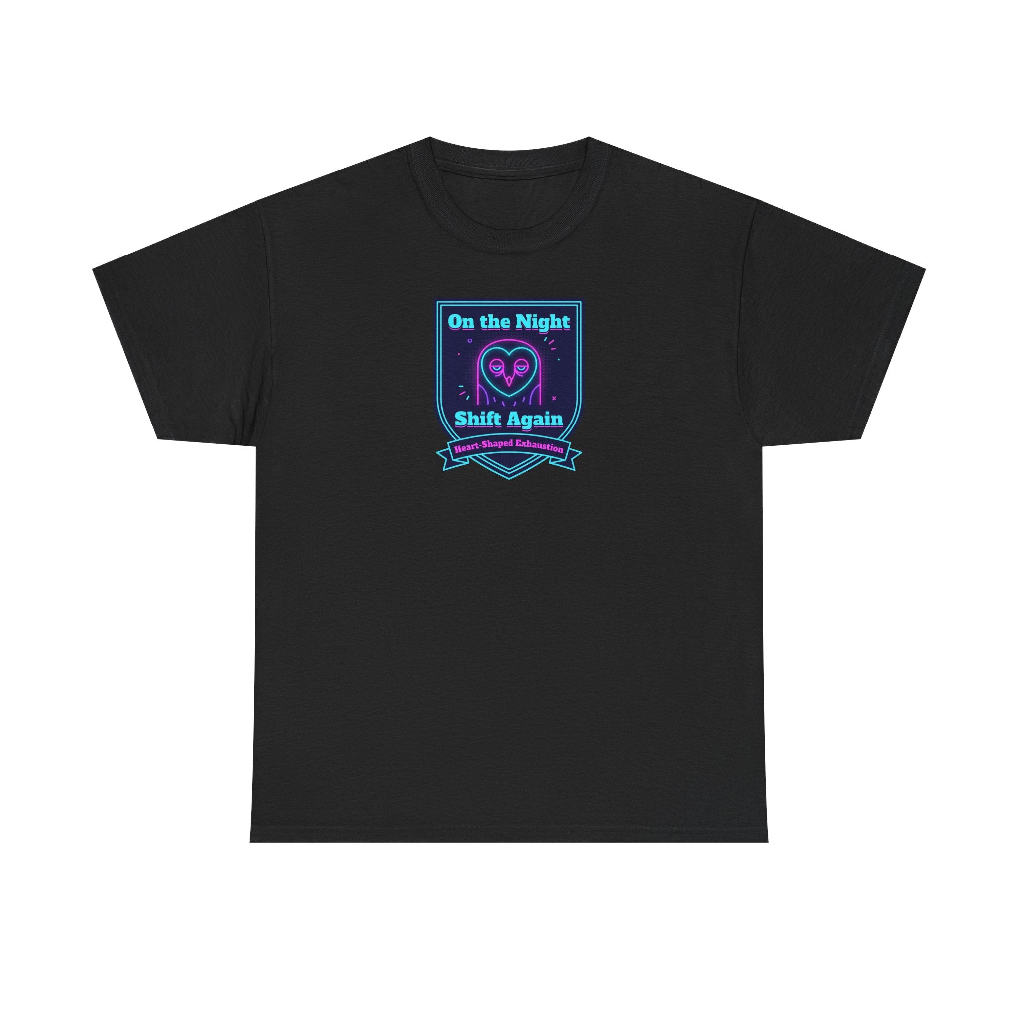 Black crew-neck T-shirt with night shift slogan graphic on chest
