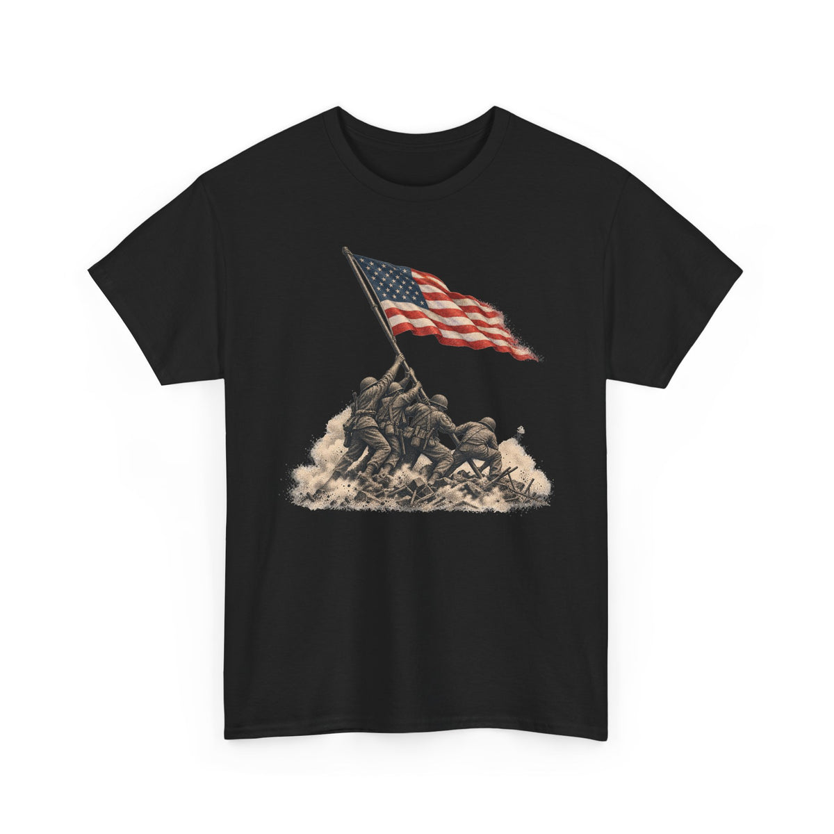 Black graphic T-shirt with waving American flag over raised battle scene