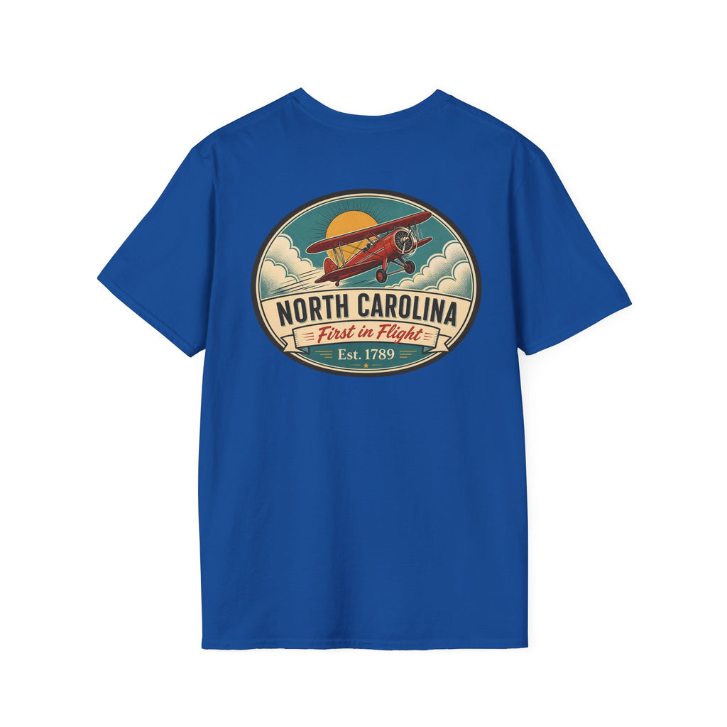 Royal blue T-shirt with North Carolina biplane oval graphic, crewneck short sleeves