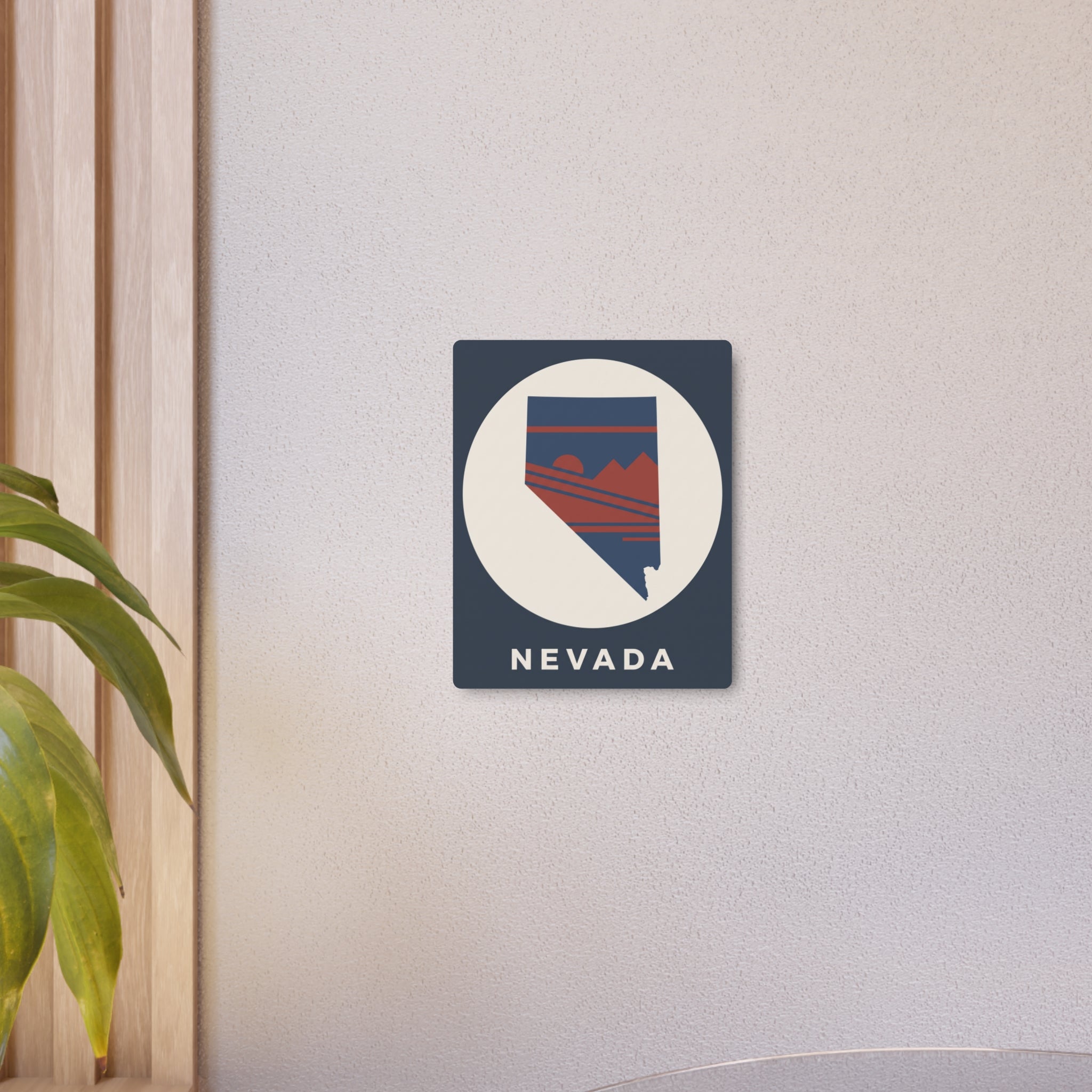 Nevada retro badge metal sign mounted on wall, blue square with white circle and Nevada text