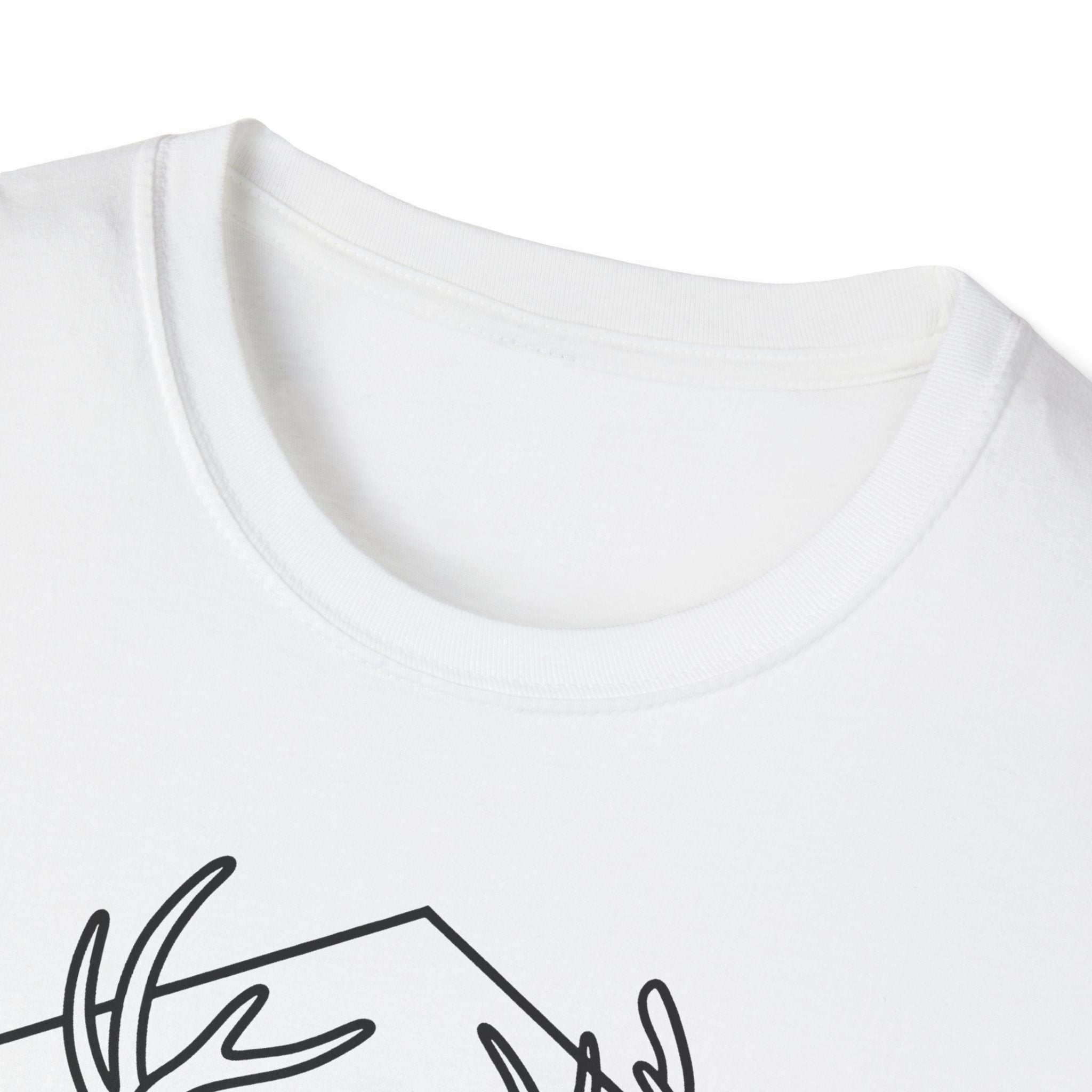 White crewneck deer t-shirt neckline close-up, no graphic visible