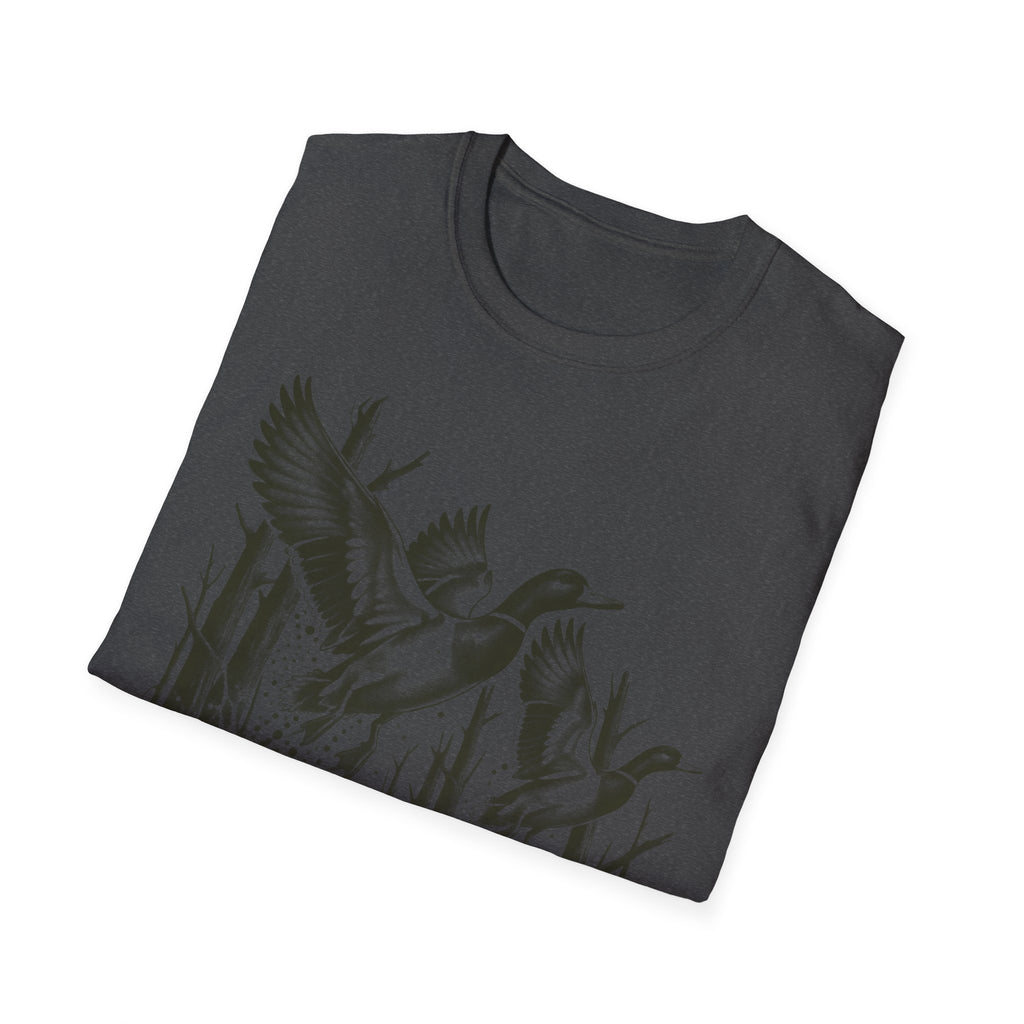 Dark gray T-shirt with flying duck graphic across the lower front