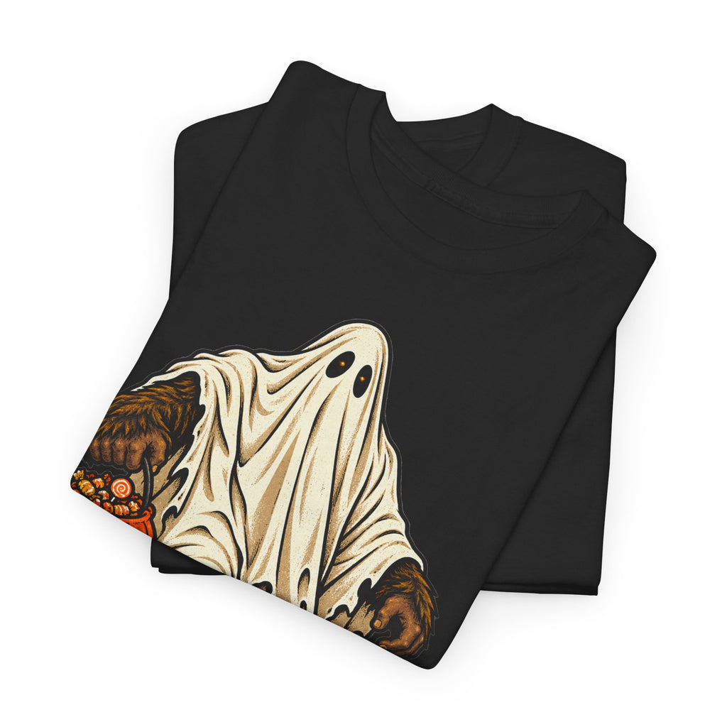 Black Halloween graphic T-shirt with large retro pumpkin candy print.