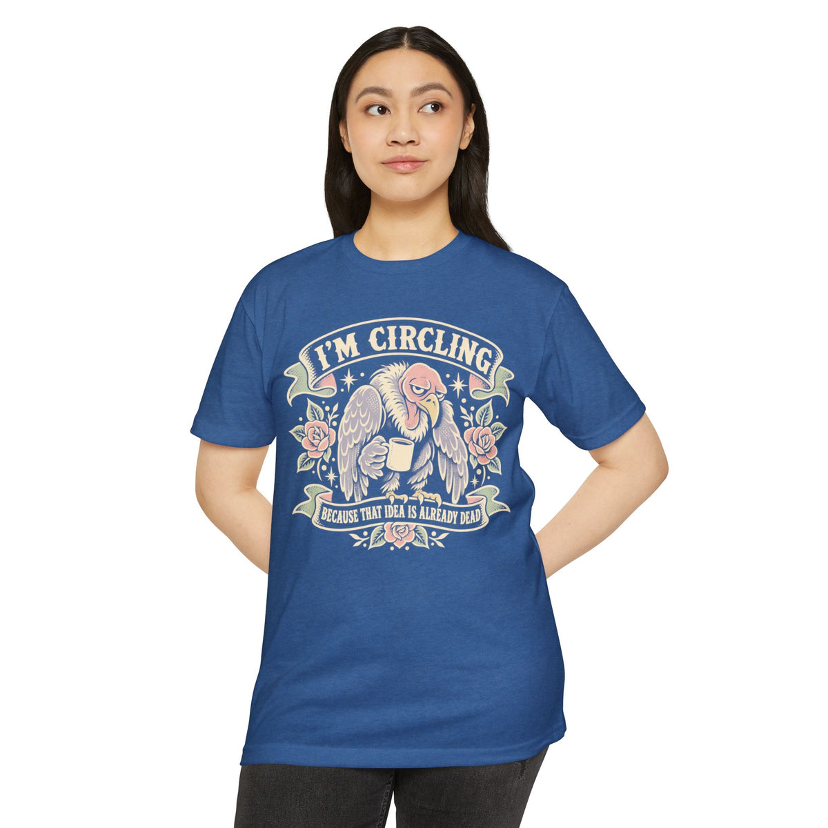 Blue graphic t-shirt front featuring vulture illustration and 'I'm Circling' text