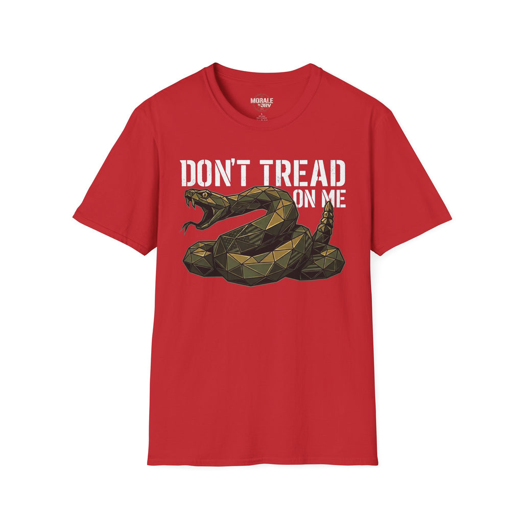 Red T-shirt with coiled rattlesnake graphic and "DON’T TREAD ON ME" lettering