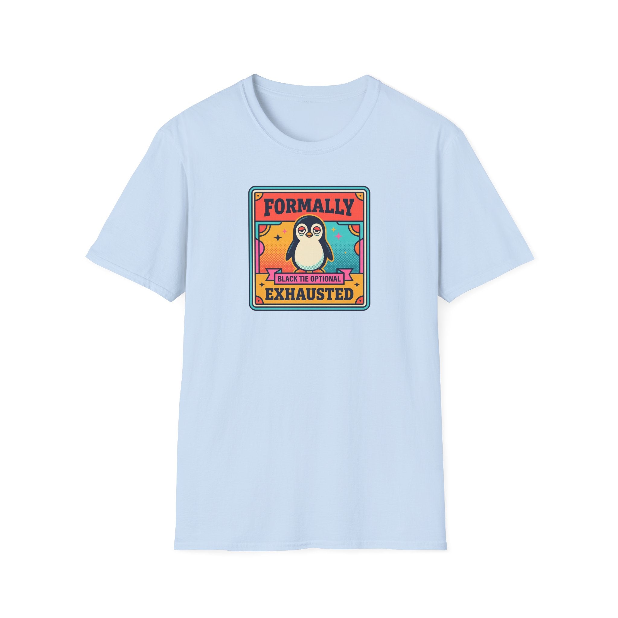 Light blue crew-neck T-shirt with rectangular penguin graphic on front.