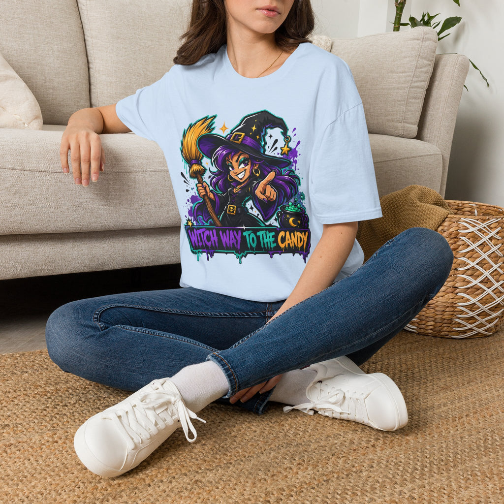Light blue crewneck T-shirt with colorful witch-candy front graphic.