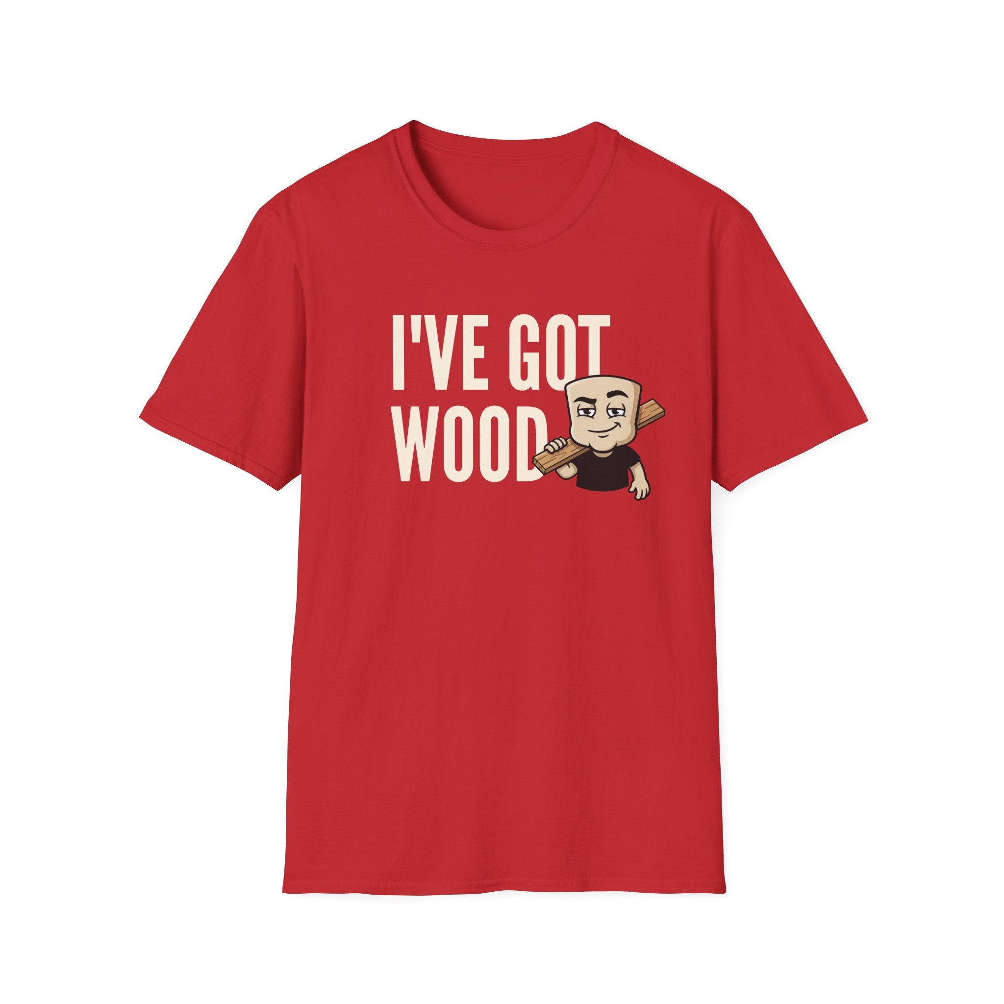 Red T-shirt with 'I've Got Wood' graphic and cartoon carpenter holding wood