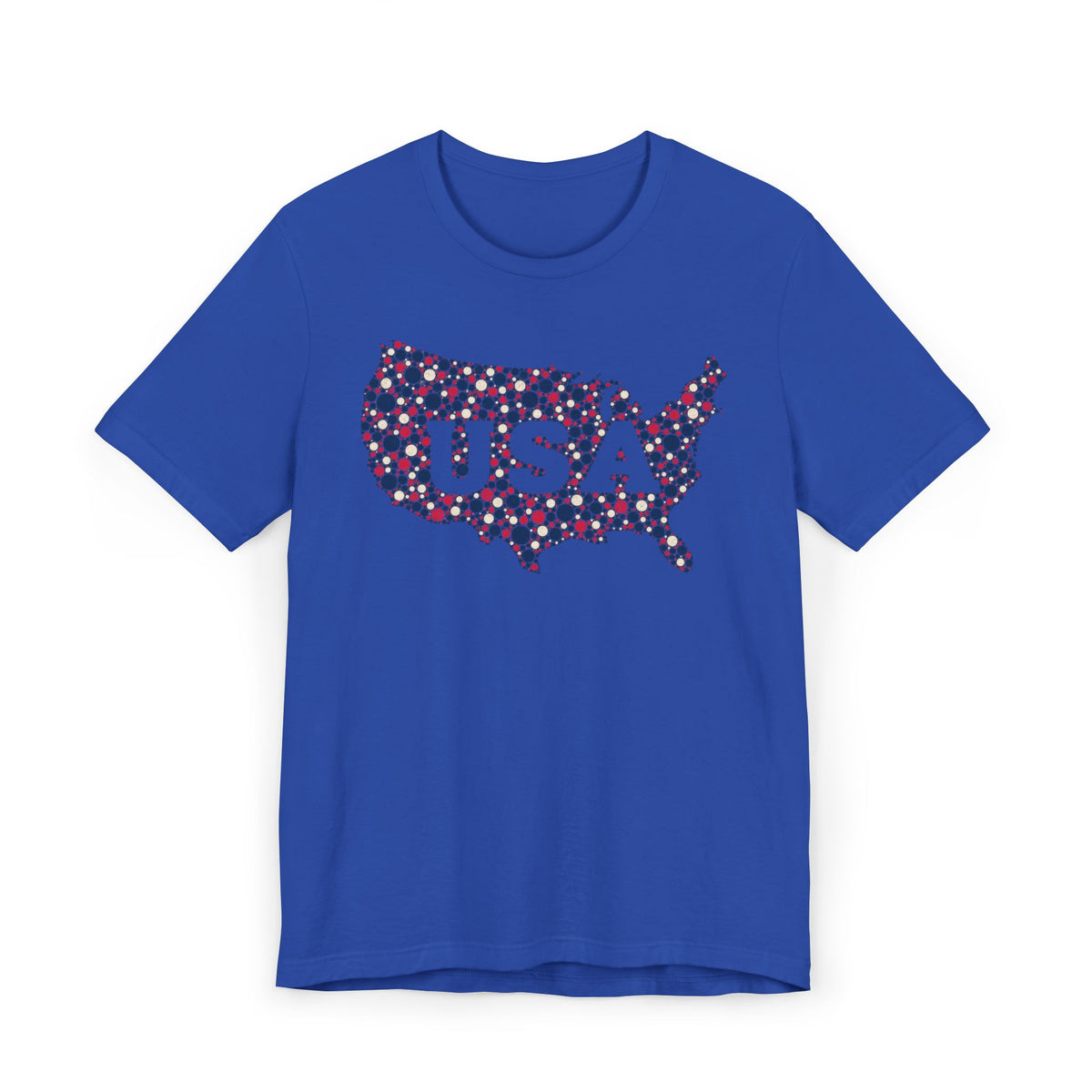 Blue T-shirt with colorful USA outline graphic