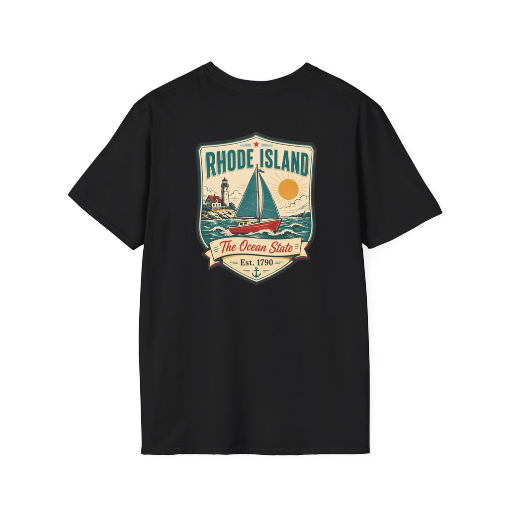 Sailboat graphic t-shirt, black, with Rhode Island emblem front print
