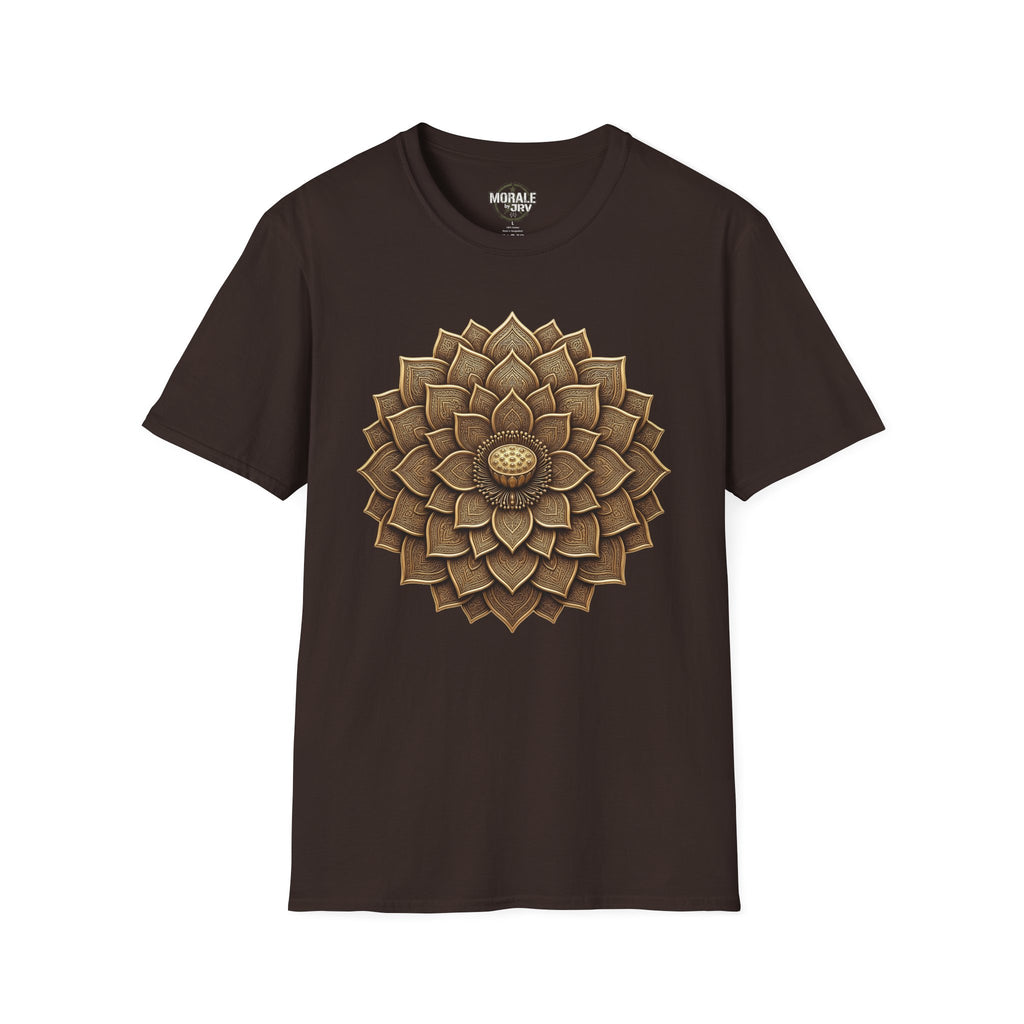 Dark chocolate T-shirt with bronze geometric flower mandala sunburst front graphic