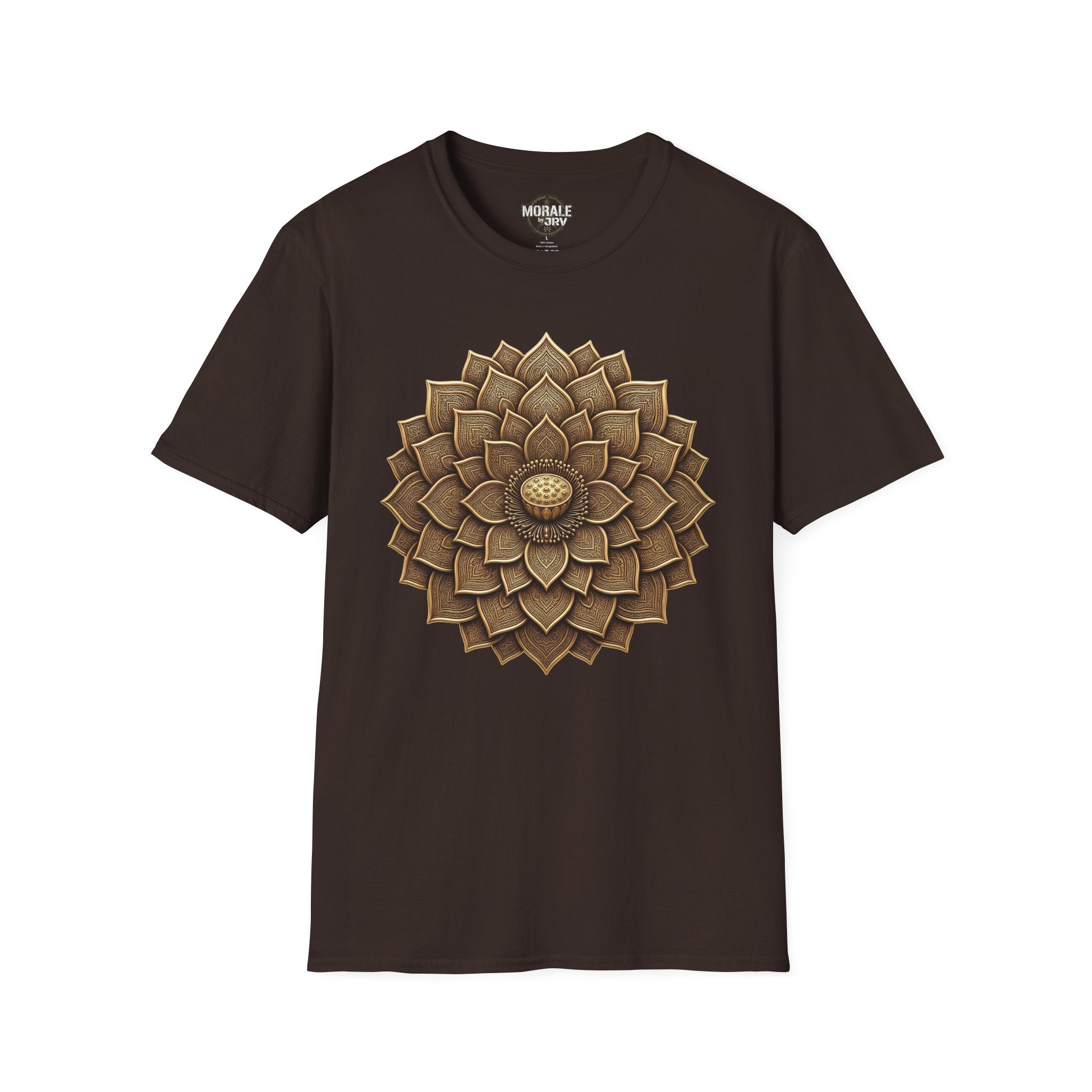 Dark chocolate T-shirt with bronze geometric flower mandala sunburst front graphic