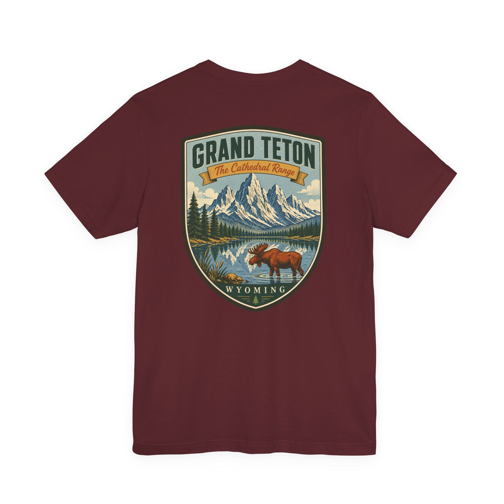 Maroon Grand Teton Wyoming front graphic t-shirt with mountain and wildlife shield