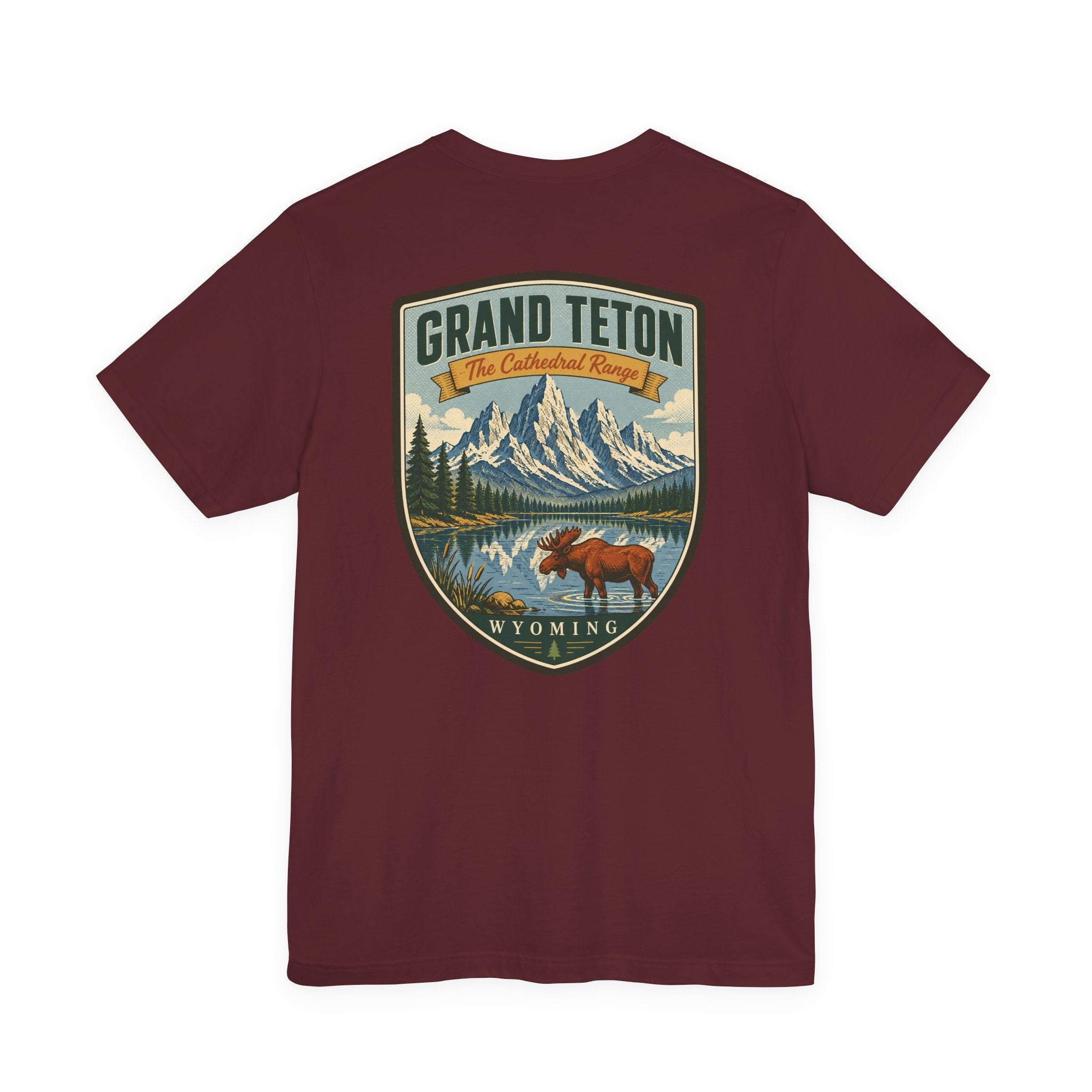 Maroon Grand Teton Wyoming front graphic t-shirt with mountain and wildlife shield