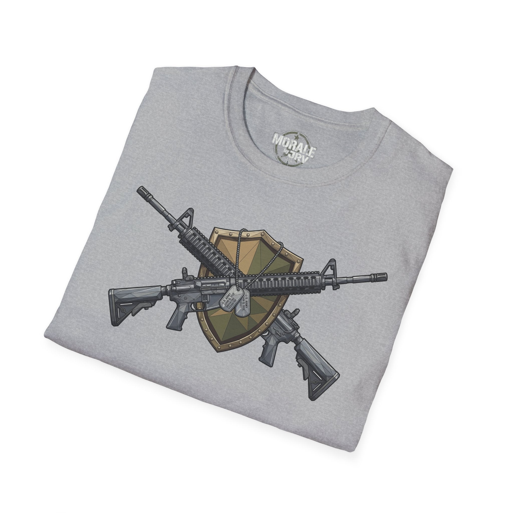 Light gray crewneck T-shirt with crossed rifles shield tactical graphic print