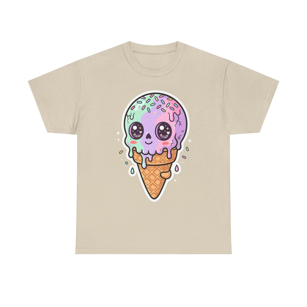 Kawaii melting ice cream cone T-shirt, purple kawaii ice cream graphic on natural