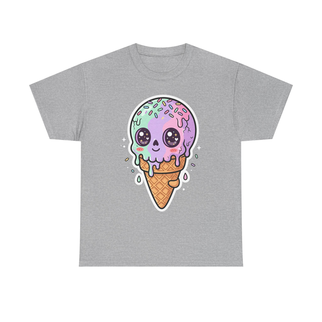 Kawaii melting ice cream cone T-shirt, purple melting ice cream graphic on sport grey