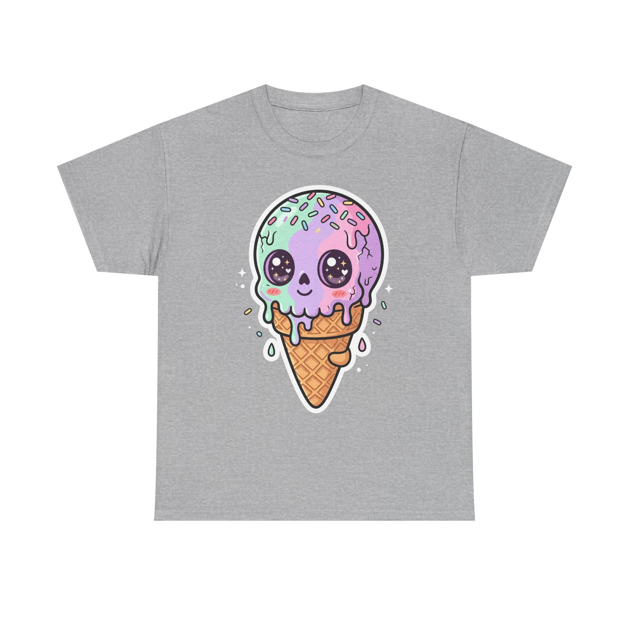 Kawaii melting ice cream cone T-shirt, purple melting ice cream graphic on sport grey