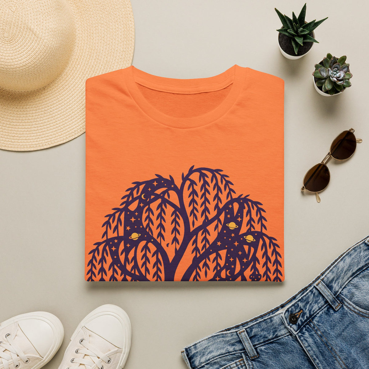 Night owl graphic t-shirt in orange with dark blue woodland tree and owl print