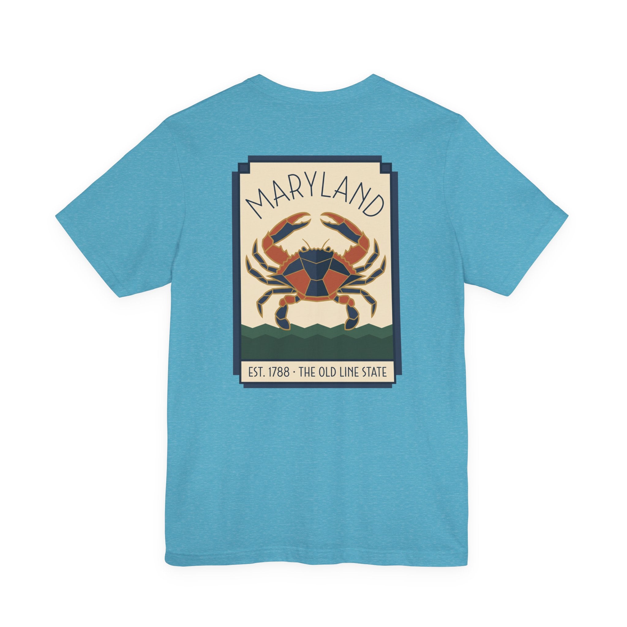 Aqua blue t-shirt with Maryland art deco crab graphic on the front