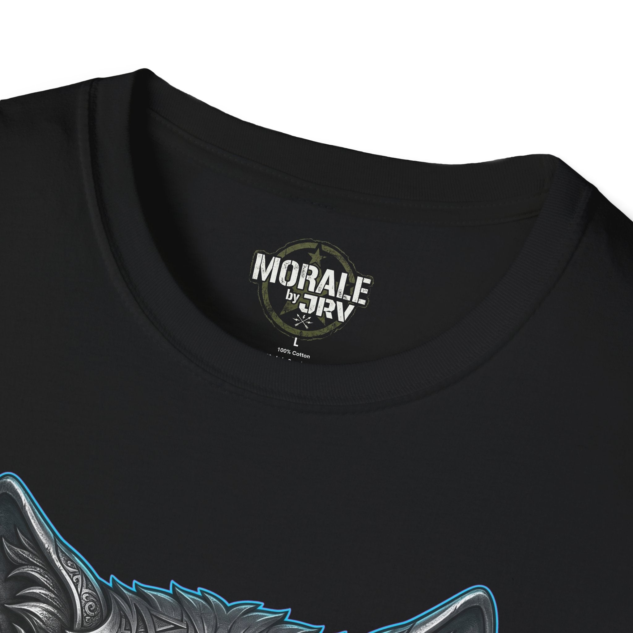 Black crew-neck T-shirt with partial glowing blue wolf head graphic near hem